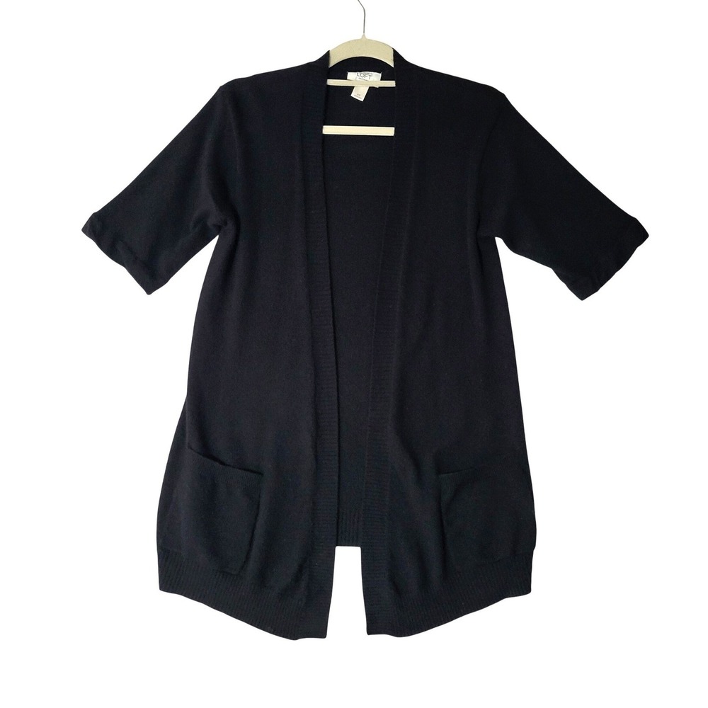 Ann Taylor Loft 100% Cashmere Cardigan Sweater XS Women Open Front Black Pockets